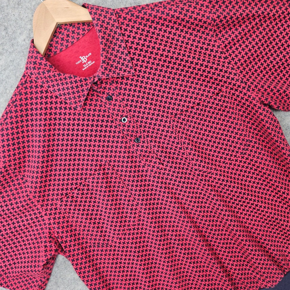 John Blair Polo Shirt Men's XL Red Navy Houndstooth Banded Hem Short Sleeve Knit